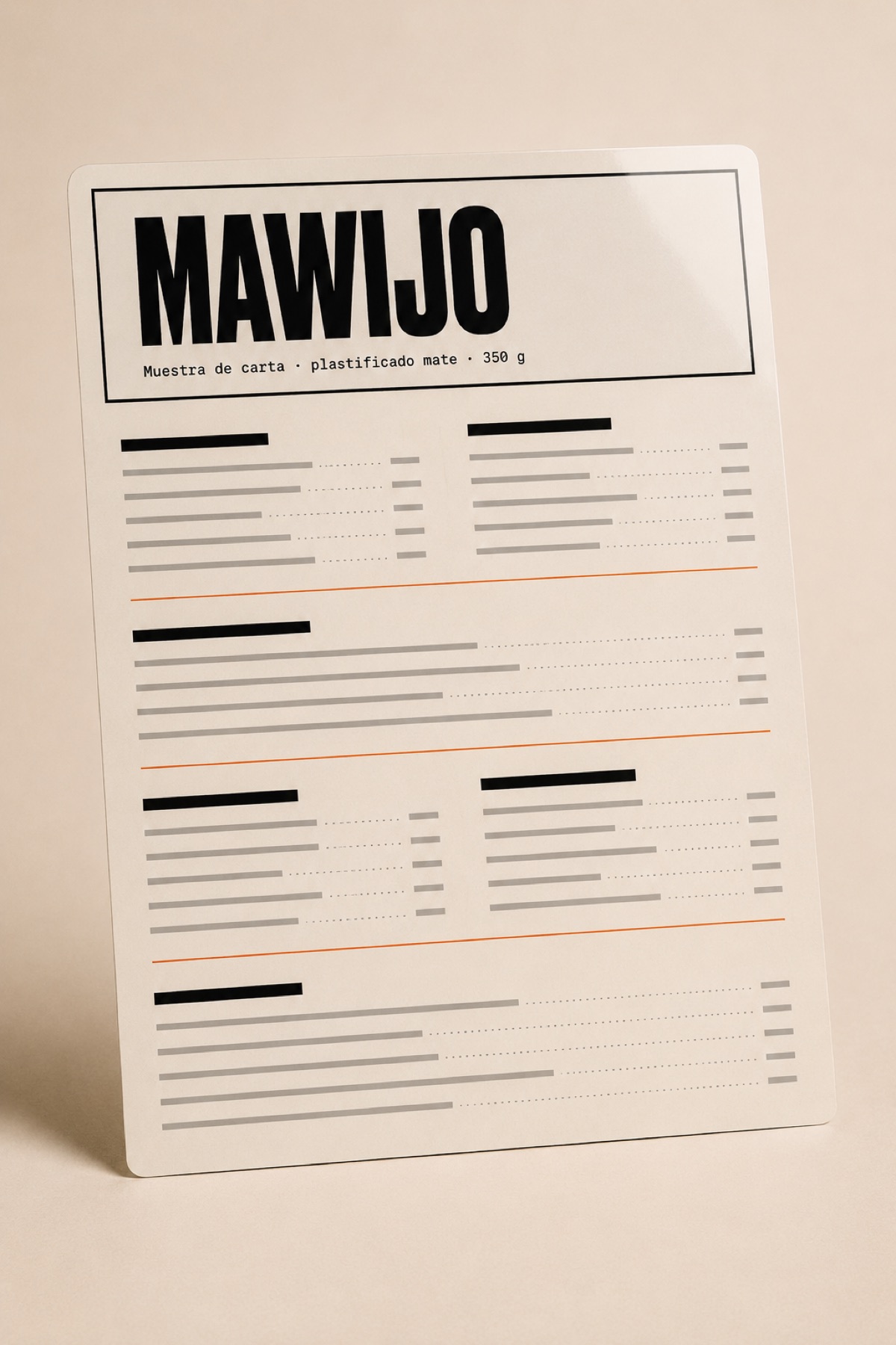Carta de menú plastificada de muestra de Mawijo