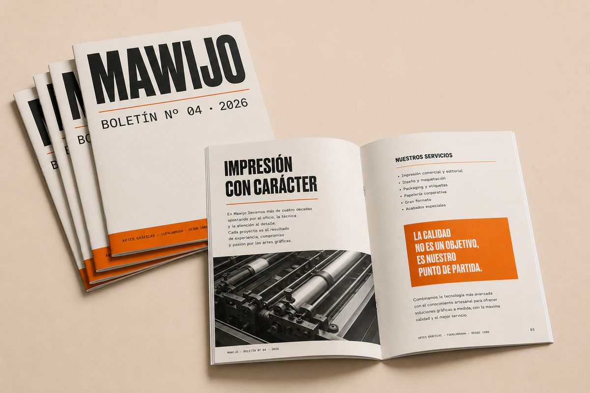 Boletín corporativo de Mawijo en formato revista A4