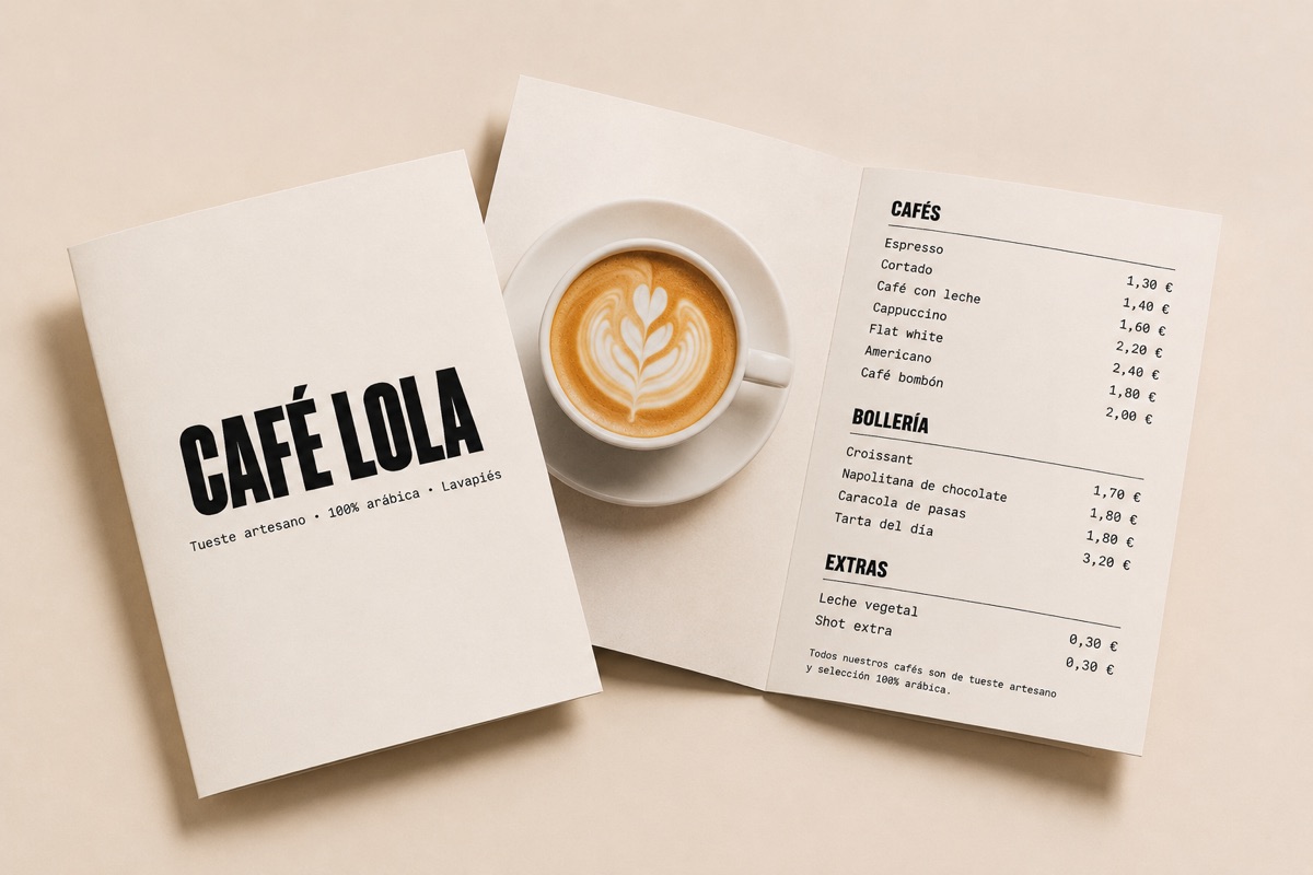 Díptico de carta para Café Lola impreso por Mawijo