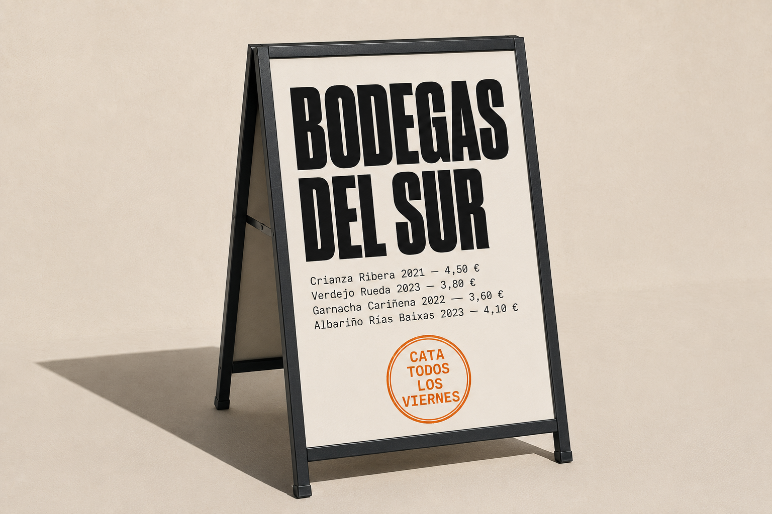 Pizarra caballete A-frame rotulada por Mawijo para Bodegas del Sur