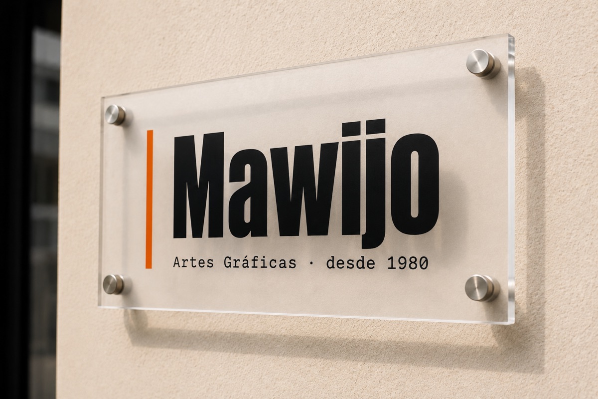 Placa de empresa en metacrilato de Mawijo en la fachada del taller