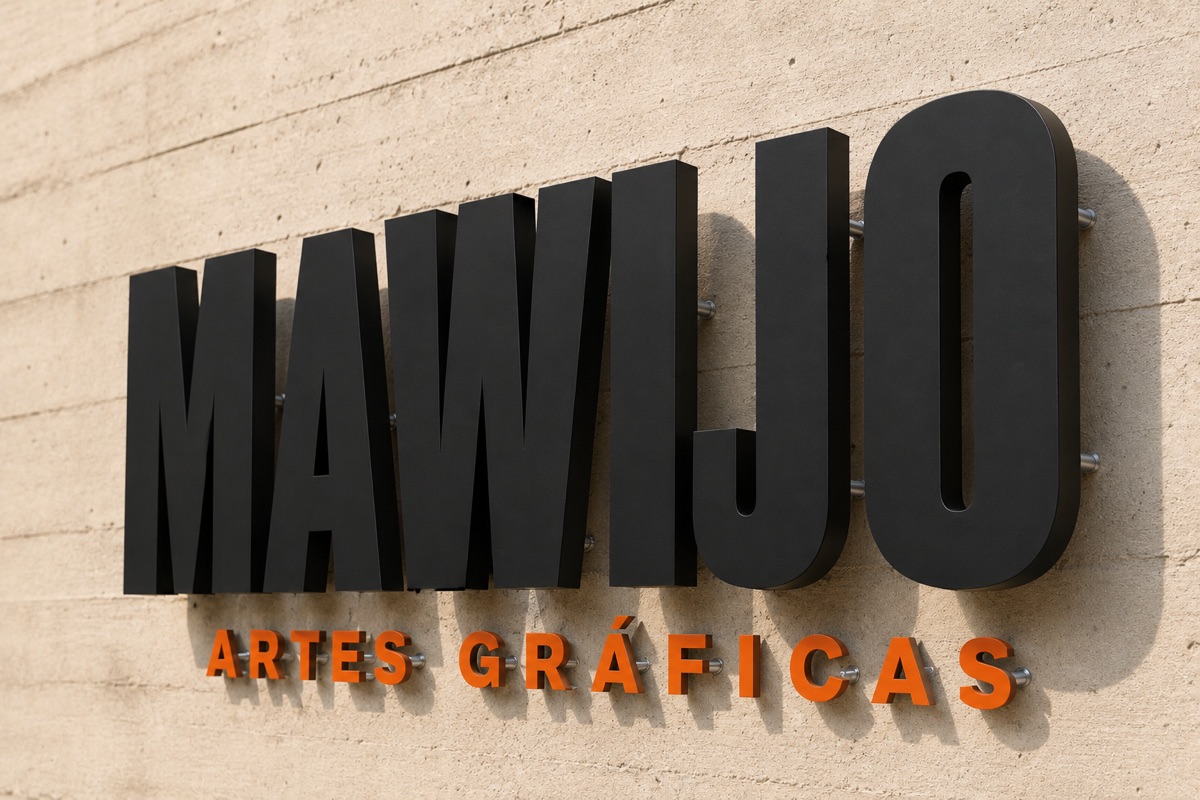 Letras corpóreas 3D del rótulo de Mawijo en la fachada