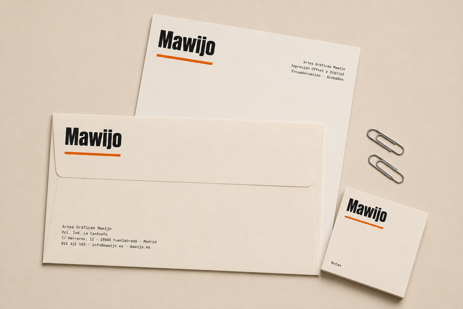 Sobres y kit de papelería con la marca Mawijo
