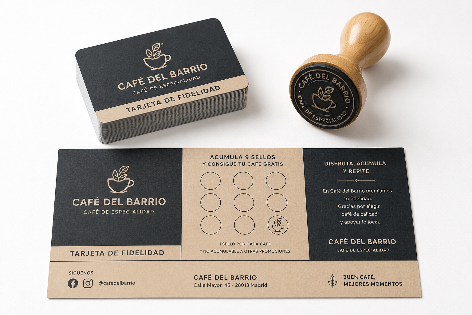 Tarjetas de fidelización con sellos impresas por Mawijo para un café de barrio